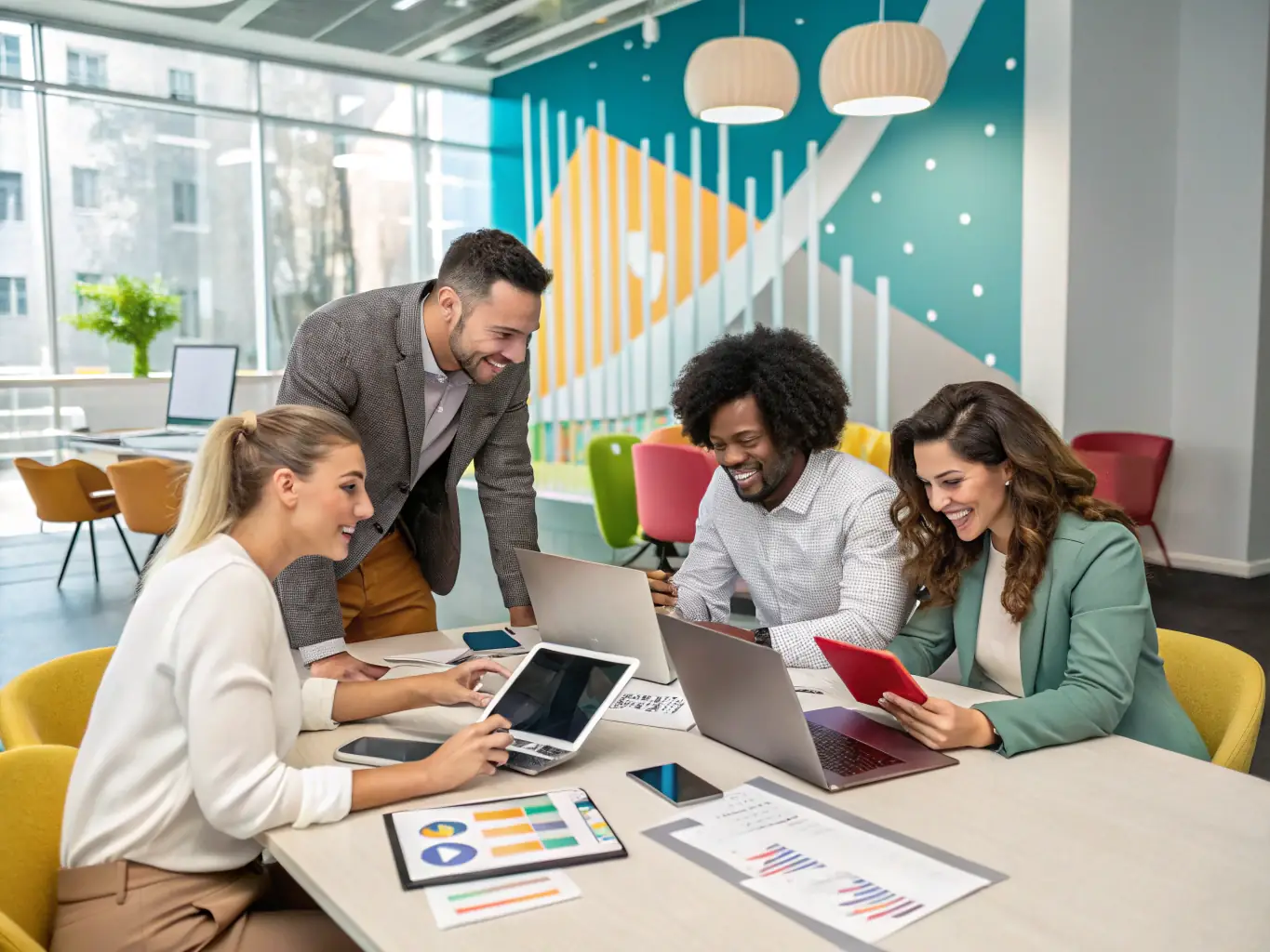 A dynamic image of a team collaborating on lead generation strategies, using digital tools to track and engage potential clients.