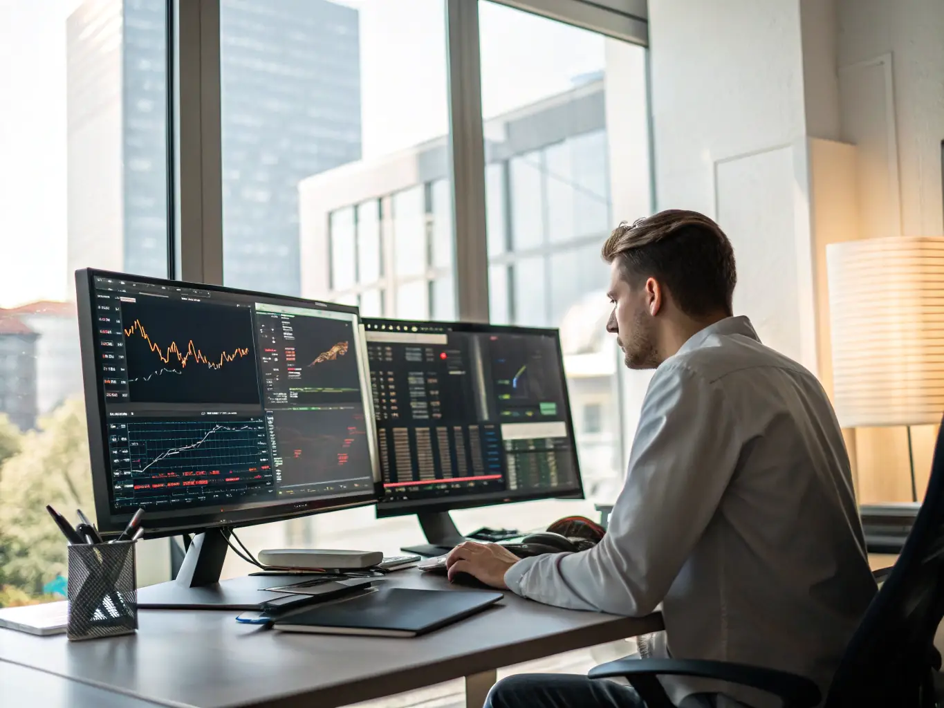 A professional workspace featuring a data analyst reviewing financial reports on a large screen, with charts and graphs illustrating key performance indicators.